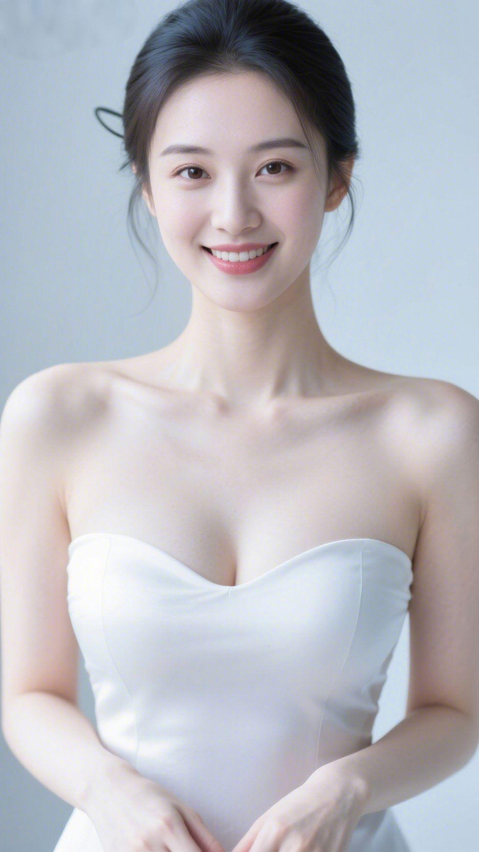 白裙浅笑漾清风一袭素白简约裙装，将温婉揉进眉眼间。她立于浅灰色背景前，乌发