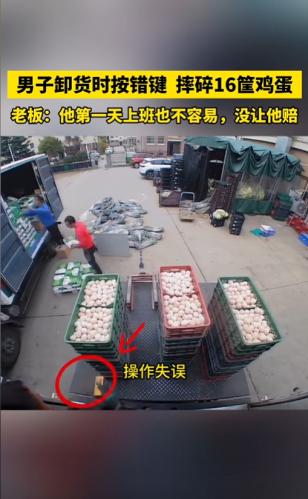 “太有人情味了！”11月8日，山东威海，一男子入职第一天，搬运鸡蛋时按错按钮，导