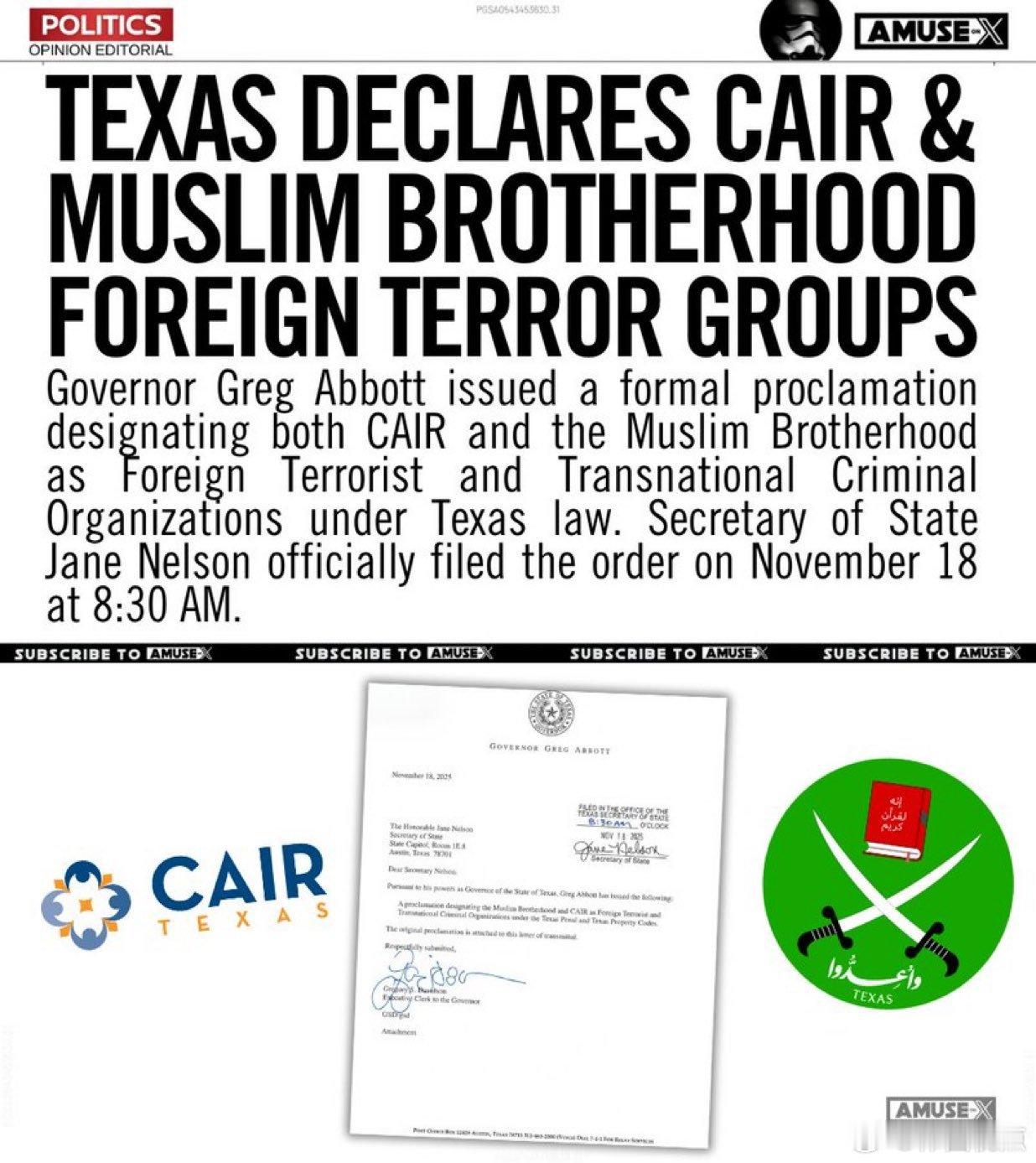 德克萨斯州已正式将美伊关系委员会(CAIR)和穆斯林兄弟会列为恐布组织。此前，这
