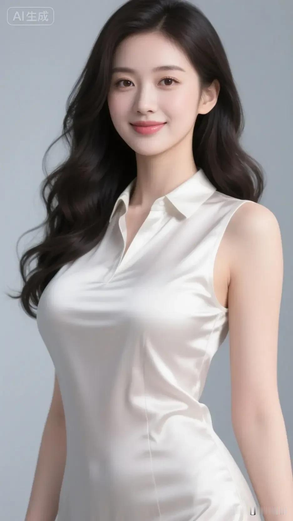 米白缎面泛着细腻柔光，无袖剪裁衬得肩颈线条愈发舒展。她笑眼弯弯，蓬松卷发漾着温柔