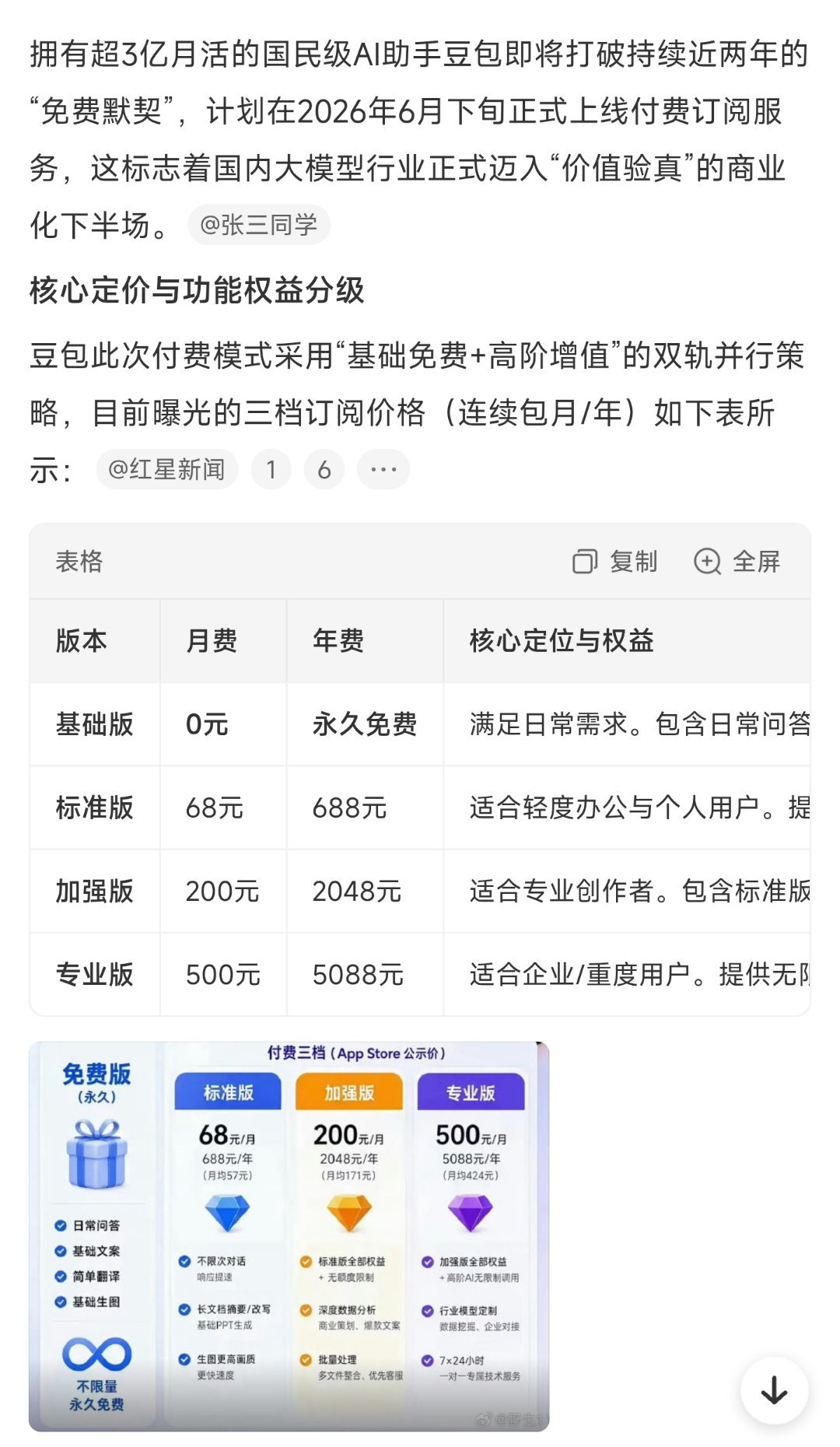 豆包将正式付费