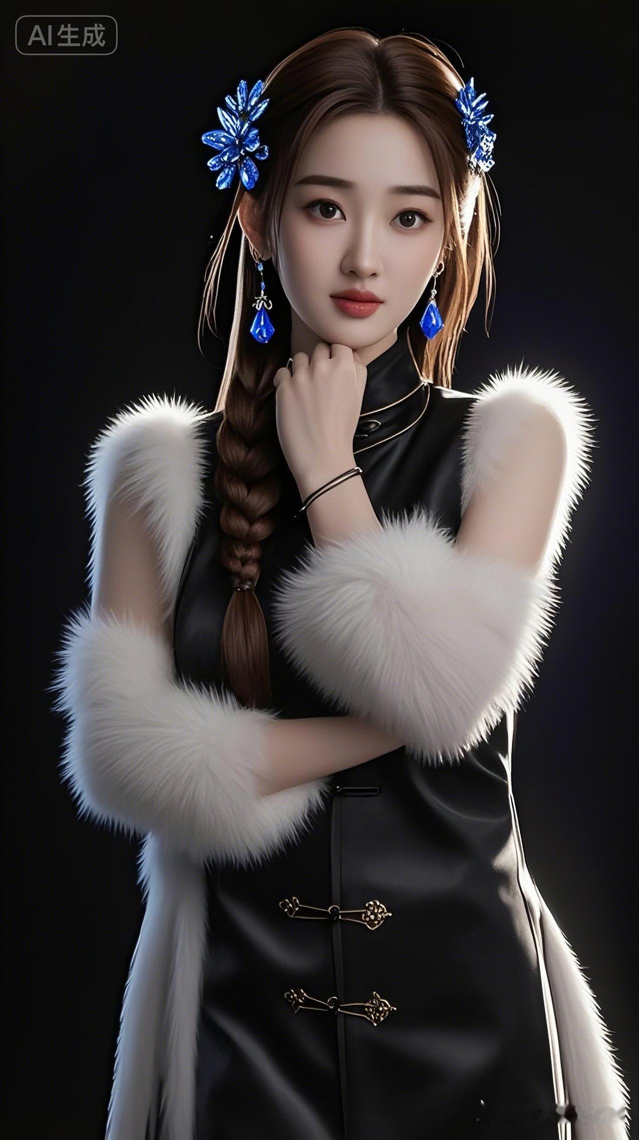 现代美女发丝柔顺亮泽，黑棕长直发头顶一缕编发，配蓝色金属钻石花饰。浓眉大眼明亮有