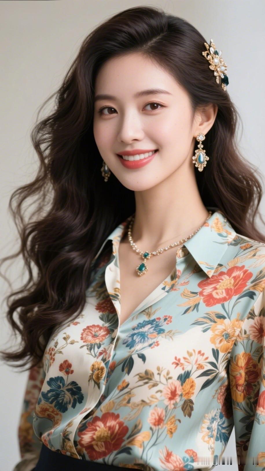 优雅气质，花色衬衫，微笑动人，时尚配饰，完美造型！你心目中真正的美人应该是怎样的