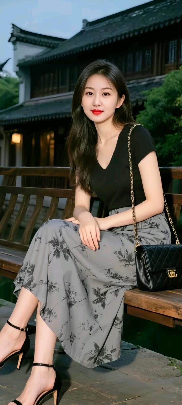 这位女士坐在古风建筑前，优雅迷人。