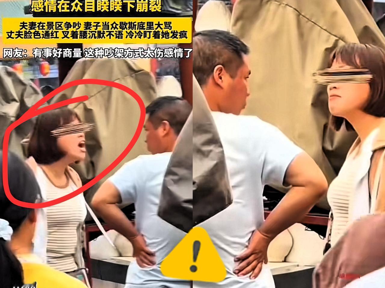 景区那幕看得人心里发紧！妻子歇斯底里骂得唾沫横飞，丈夫红着脸叉腰不吭声，别以为他
