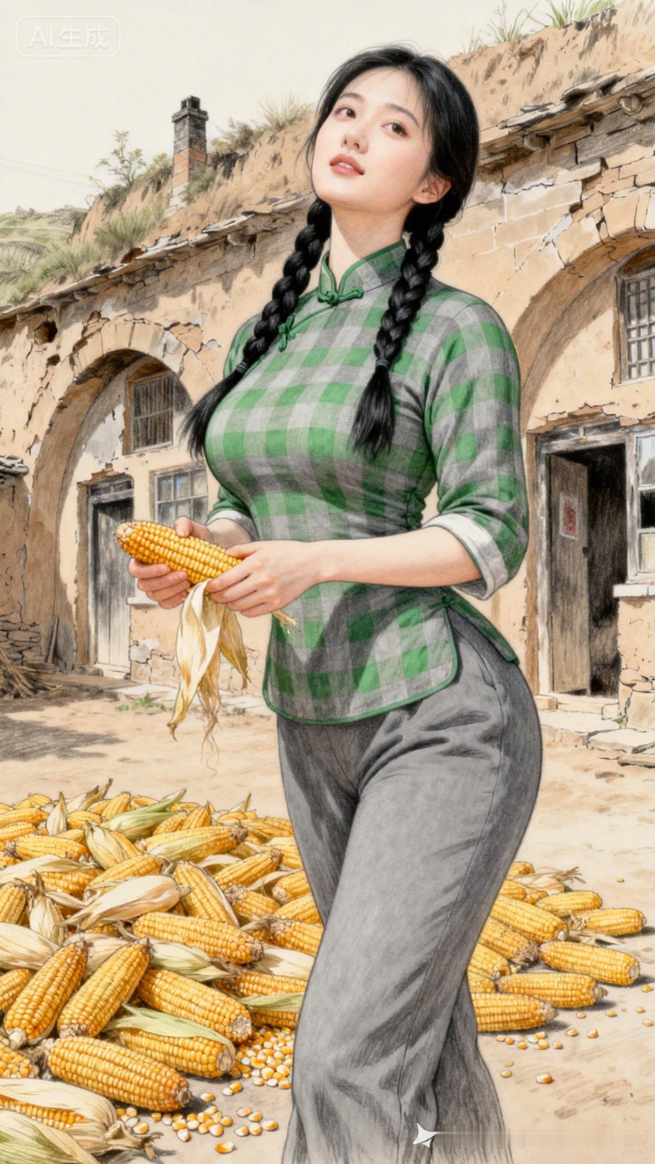 田园少女与丰收的玉米，自然与青春的完美结合！🌽🌾