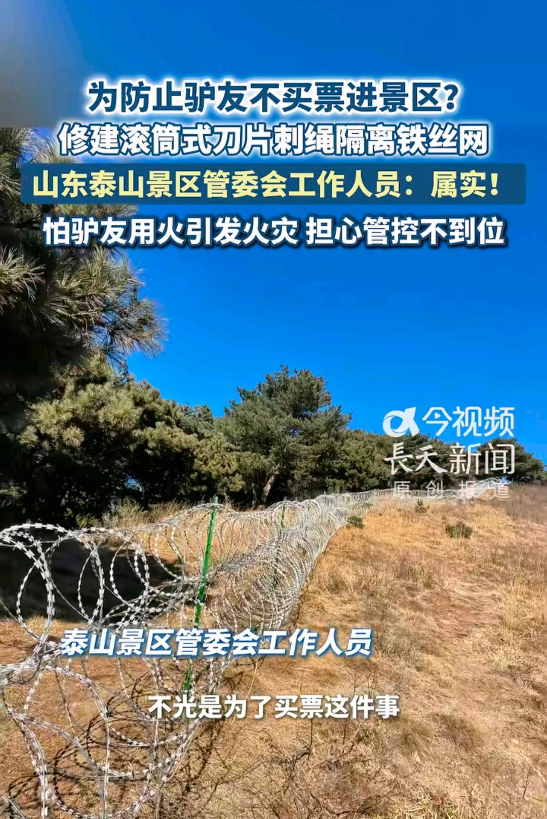 泰山景区确实建了135公里刀片刺绳隔离网。有网友称，这是为了防止游客“逃票”。不