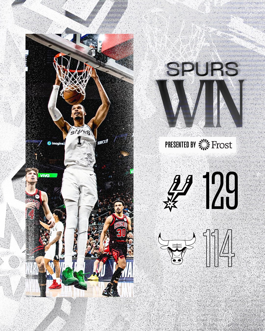 全场比赛结束！马刺主场129-114轻取公牛，豪取9连胜🎉马刺（57-18）：