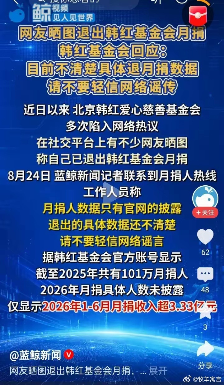 有网友晒出自己“退出月捐”的证明！韩红基金赶紧辟谣:请不要相信网络谣言，2026年1-6月，月捐收入