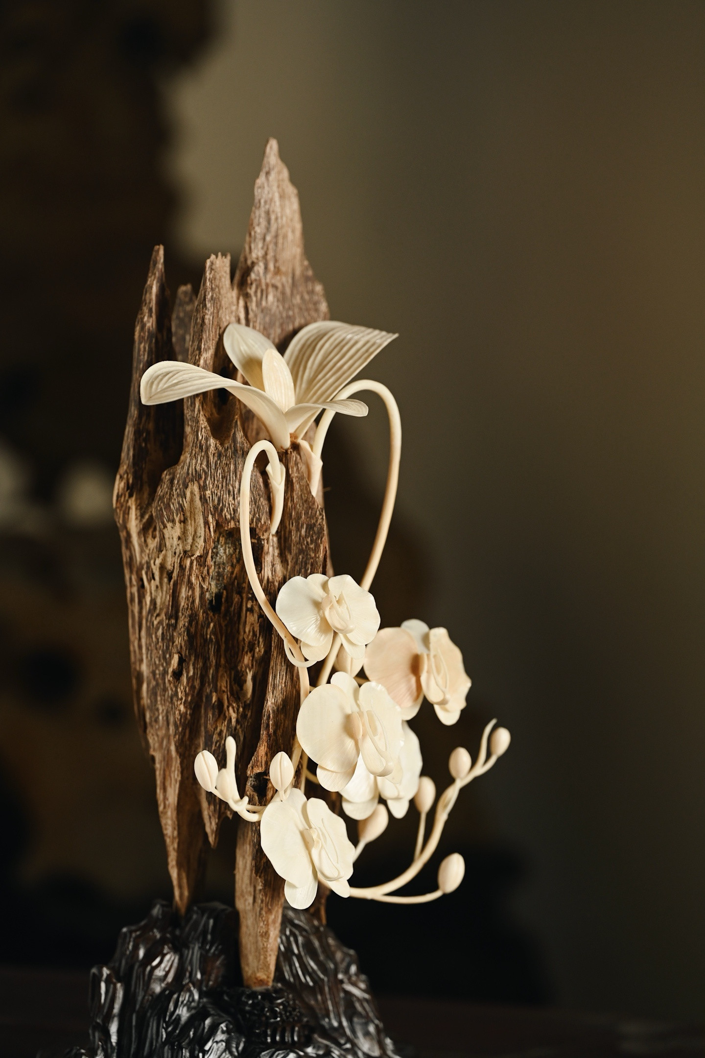 文莱沉香x猛犸|花中兰君摆件沉香质地细腻，形态自然起伏，色泽沉古，兰花雕琢