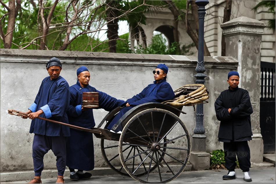 这张照片拍摄于清末至民国初年的上海，车夫拉一辆双轮人力车，乘客是一位戴墨镜、着长