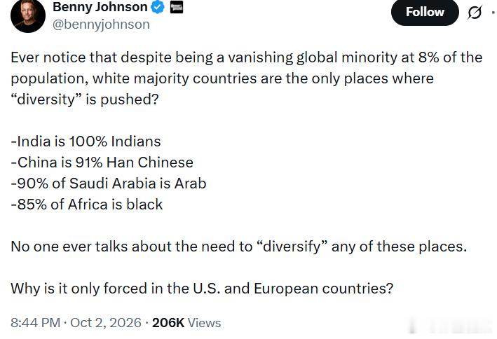本尼·约翰逊：你有没有注意到，尽管白人如今已是全球人口中占比仅约8%的少数群体，