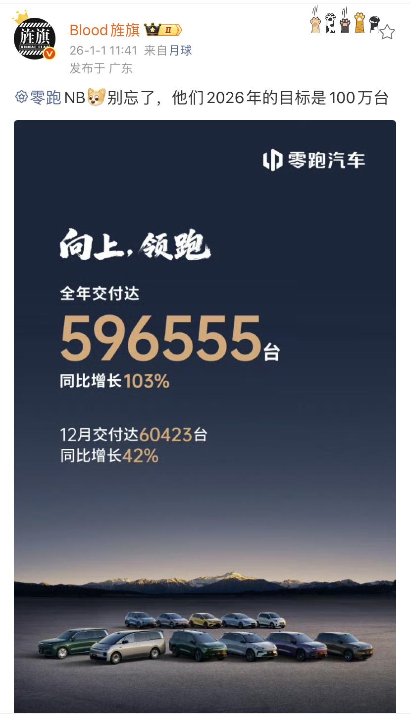 艹老师：零跑NB！别忘了，他们2026年的目标是100万台！零跑汽车这个销量