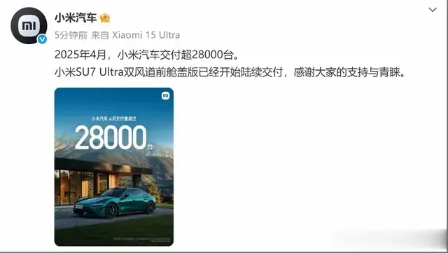 还有谁?华为、理想、奇瑞都挡不住!小米SU7月销量再度逼近3万台