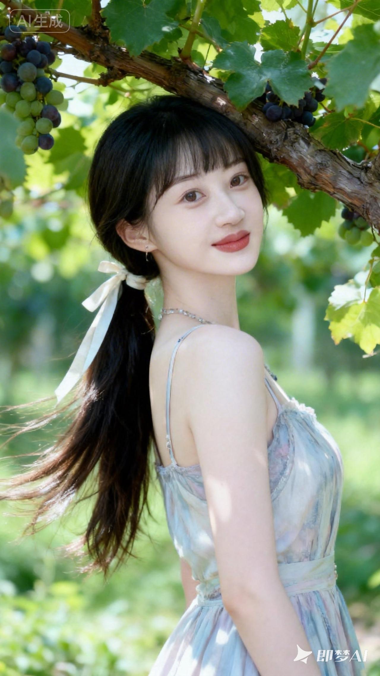 阳光下的少女，葡萄架下的甜美时光🍇🌸