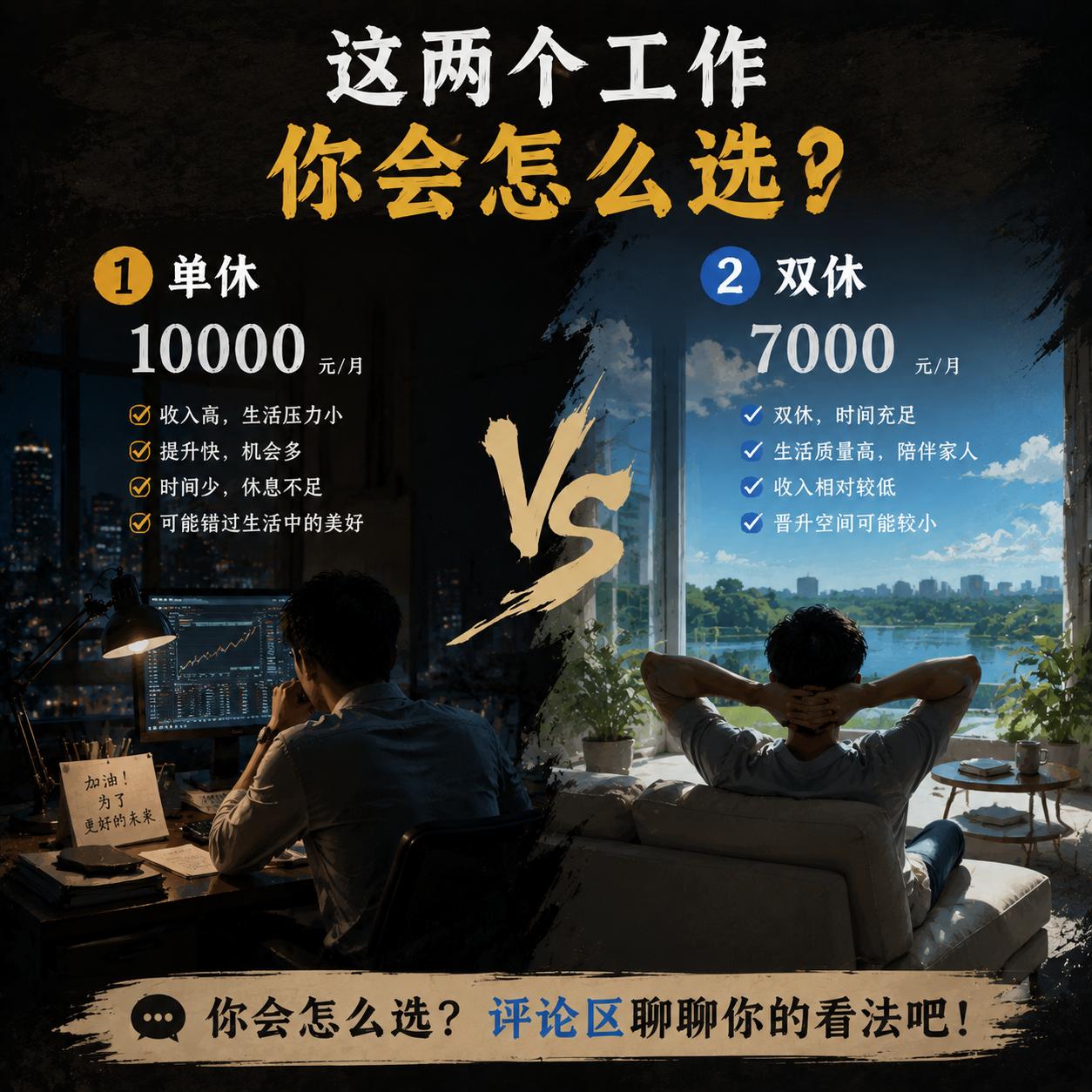 这两个工作二选一让你选，你会怎么选？1．单休100002．双休7000