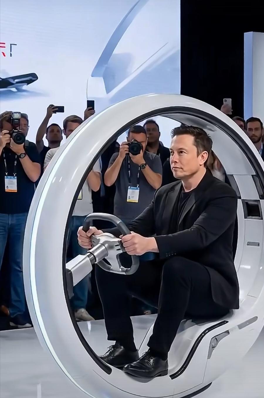 看伊隆马斯克高科技交通工具发布会。您看这乳白色的圆形圈，看起来多么的动感，多么的