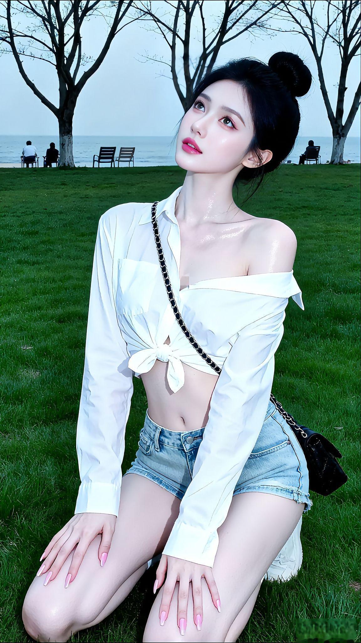 海边草地上的清新少女，白色露肩上衣与牛仔短裤，轻松自在。有什么好的粉色系美女壁纸