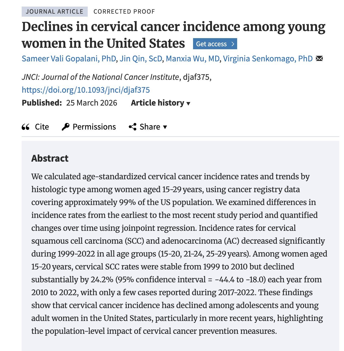刚发表的结果：美国年轻女性的宫颈癌患病率大幅下降！过去这些年每年平均下降24.2