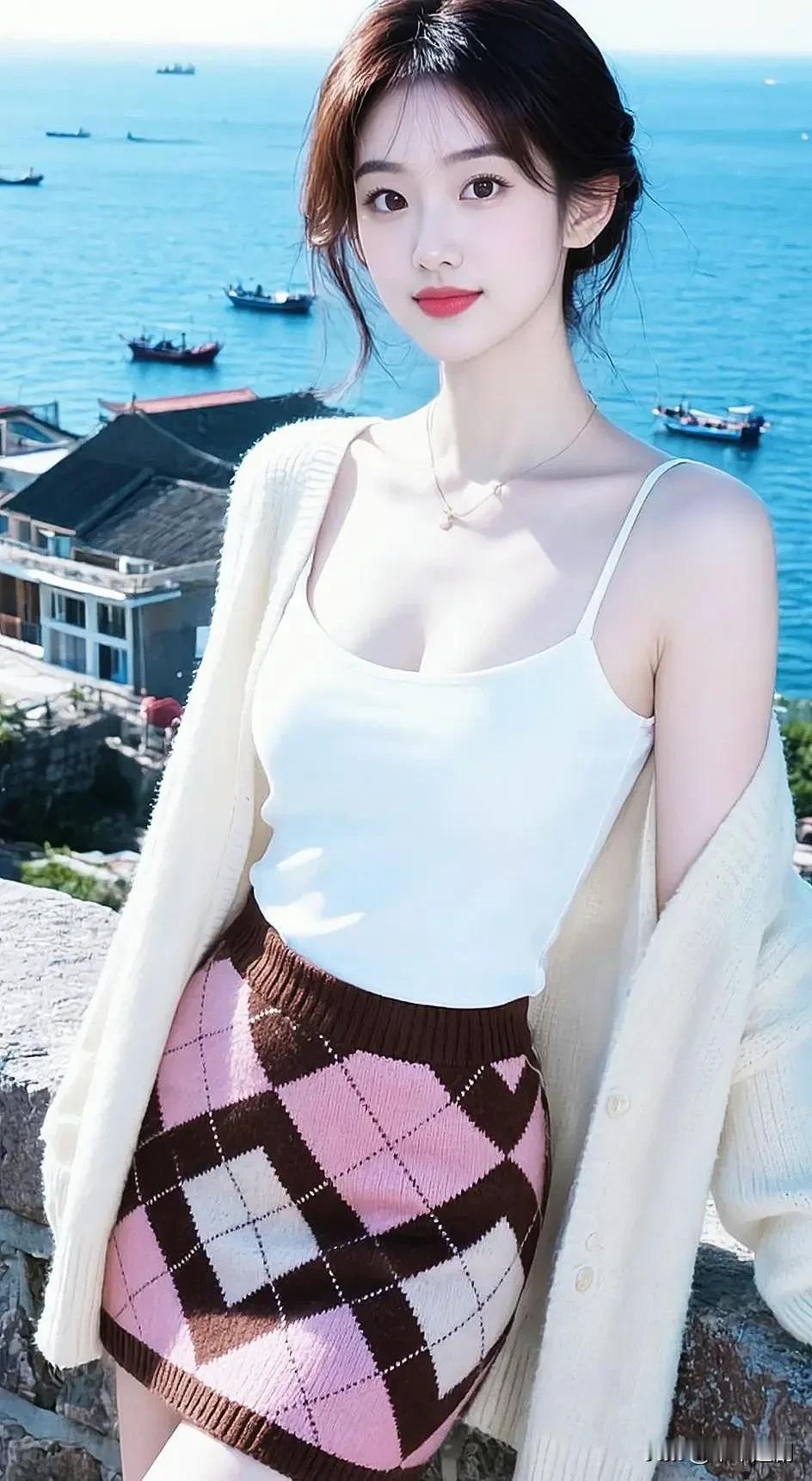 海风漫过肩头，菱格裙角轻扬，在蓝与粉的碰撞里，我与夏日撞个满怀。温柔风蕾丝长裙