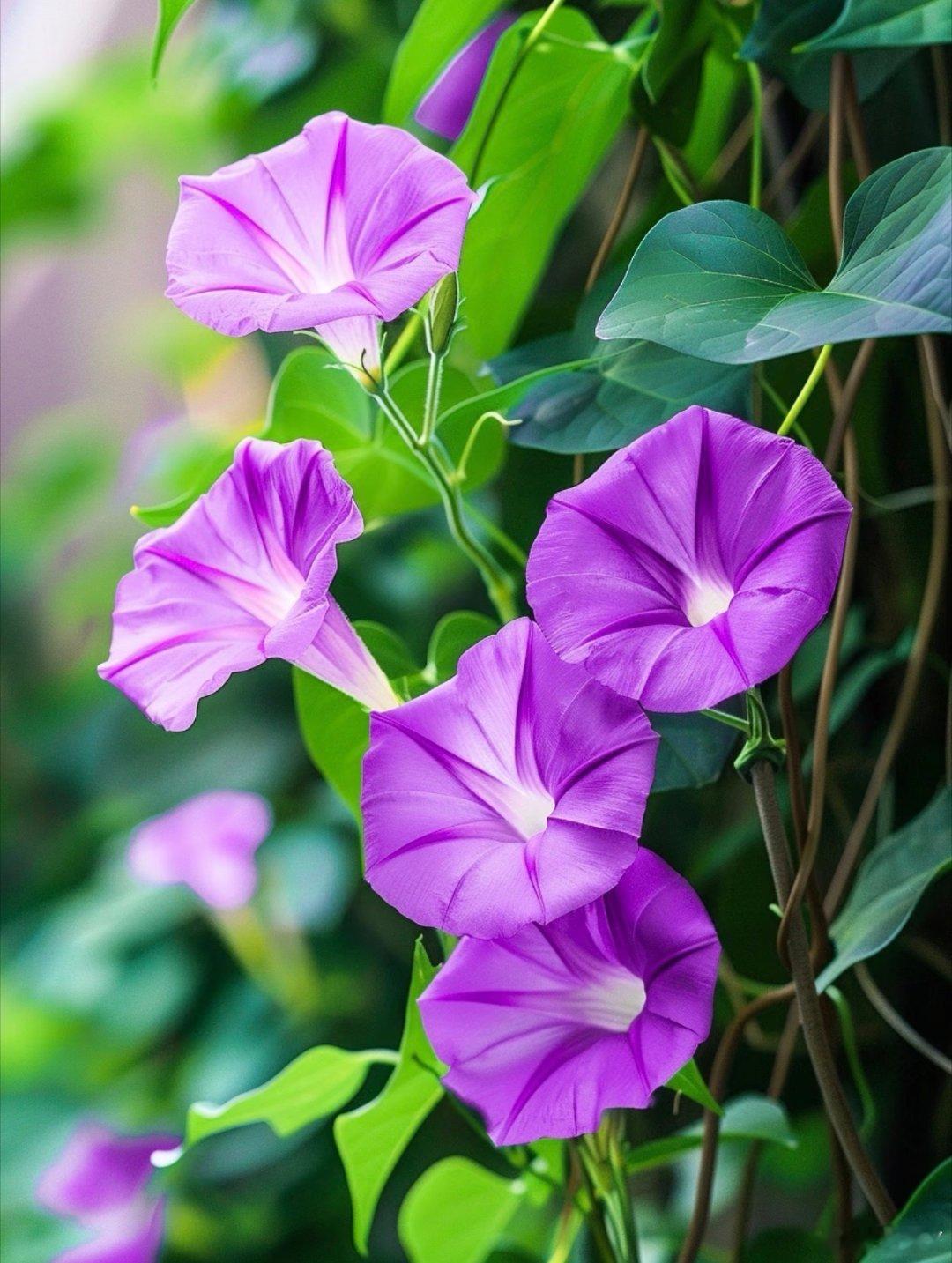 【牵牛花】是旋花科牵牛属一年生缠绕草本植物，通常清晨开花，花朵形似喇叭，常见紫