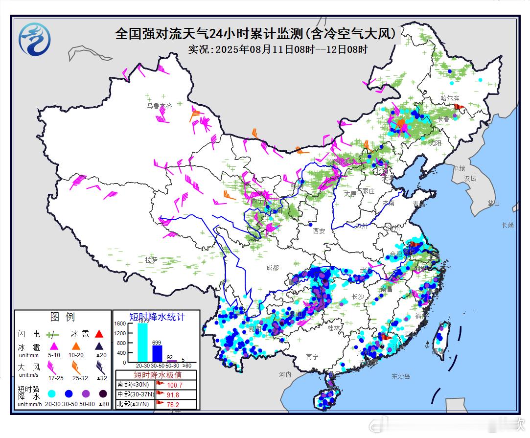 【强对流】昨天到今晨，在副高北侧边缘和南侧边缘，均出现了短时强降雨。此外北方高空