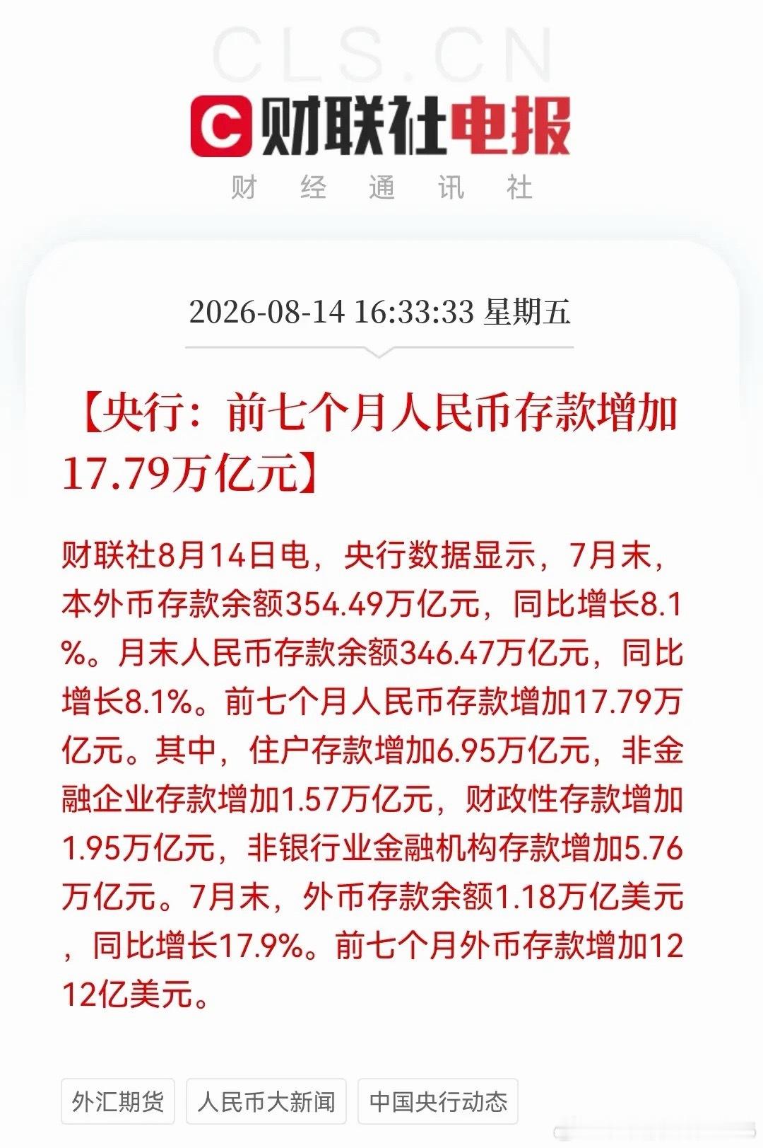 央行前7个月数据出炉，最值得关注存款暴增17万亿，非银存款狂飙5.76万亿。下半