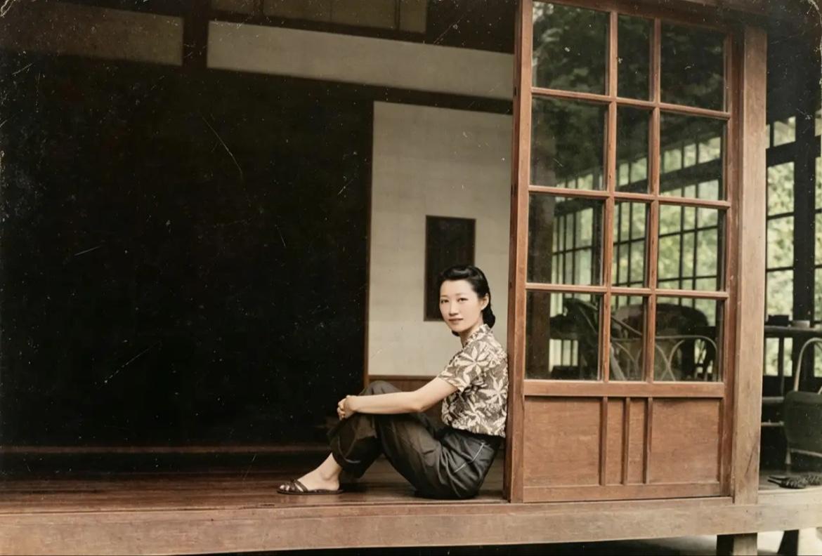 50年代，赵一荻抱膝坐在井上温泉的日式木屋中的一张留影，名字听起来像是个度假的地