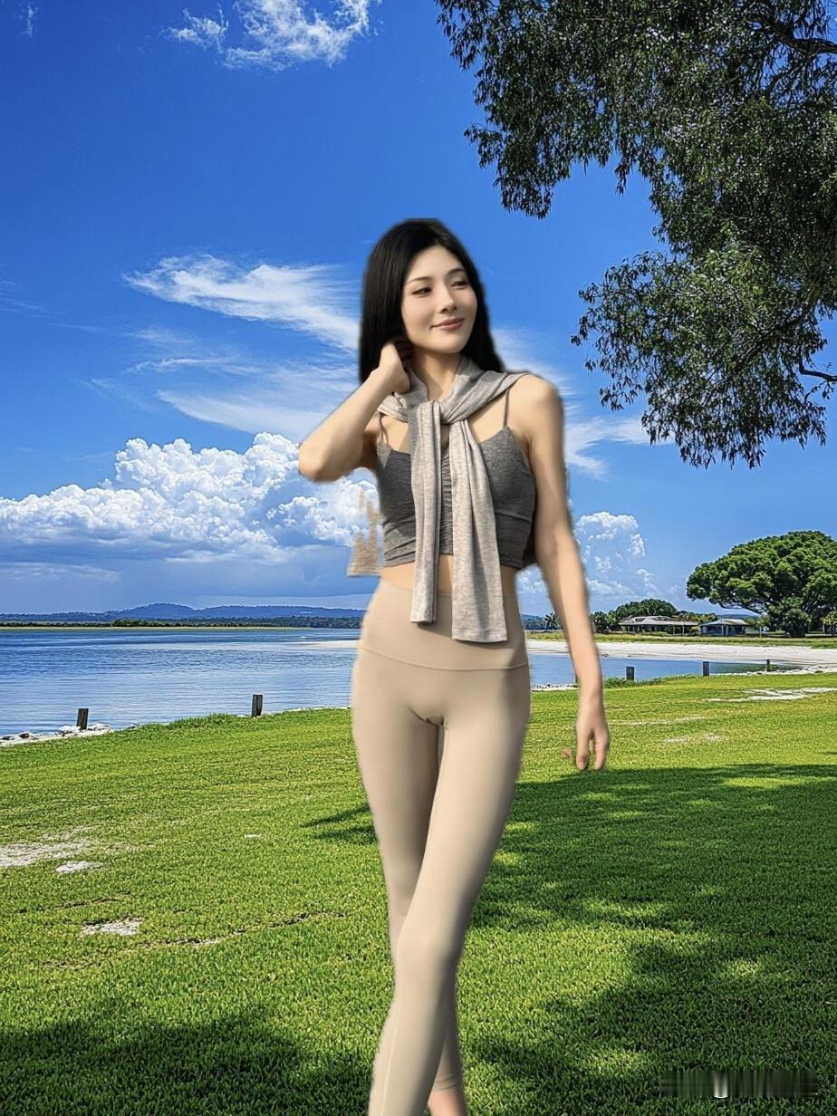 阳光明媚的湖畔，时尚穿搭的少女，享受美好时光。🌞👗💃