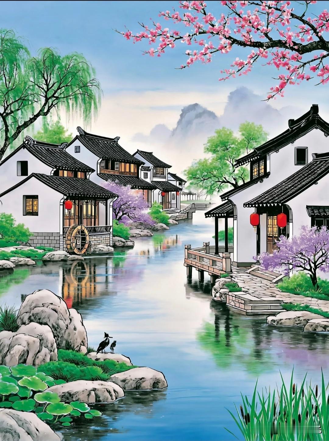 春水绕白墙，烟雨江南，一屋一溪皆是温柔春光。流星的数字艺术治愈系水乡插画分享