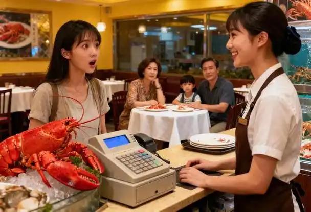 一名五十多岁的女士带着一家人在餐馆用完餐，走到收银台准备结账的时候，她刻意转头避