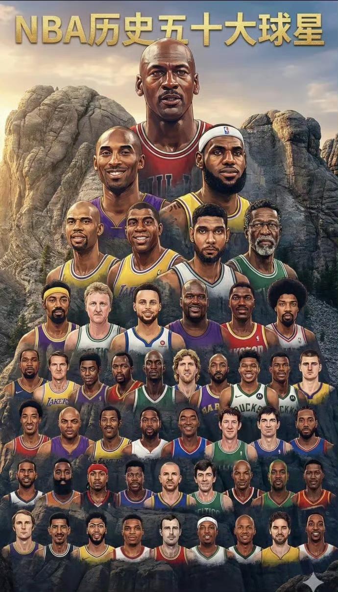 AI生成的“NBA历史五十大球星”：第1排（最顶端）迈克尔·乔丹第2排