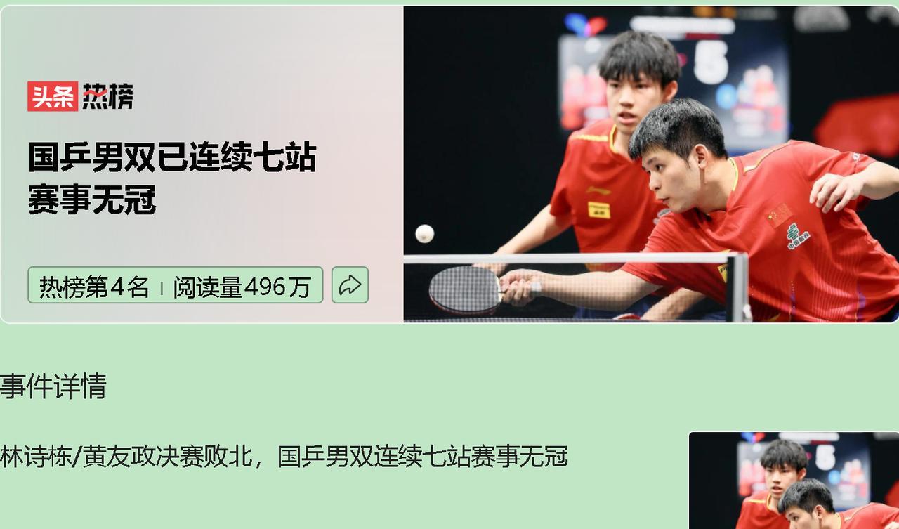 国乒男双连续七次失利，绝不是偶然。林诗栋和黄友政这对新搭档，决赛翻车只是表面现象