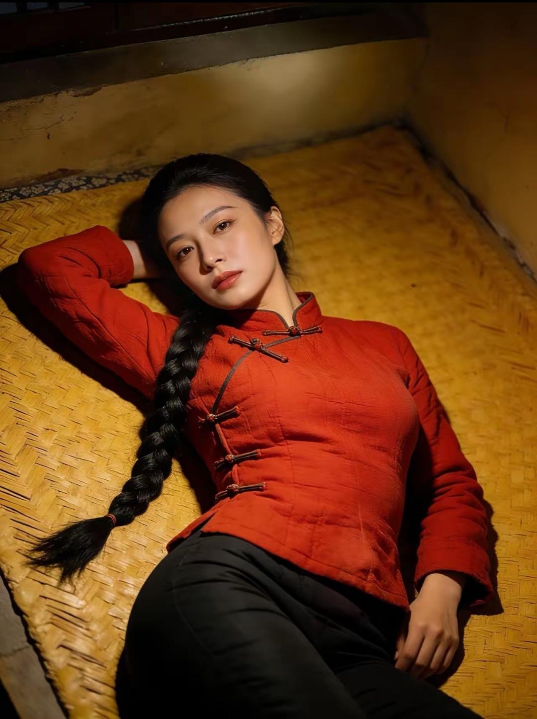 红衣美人卧，竹席映芳华。