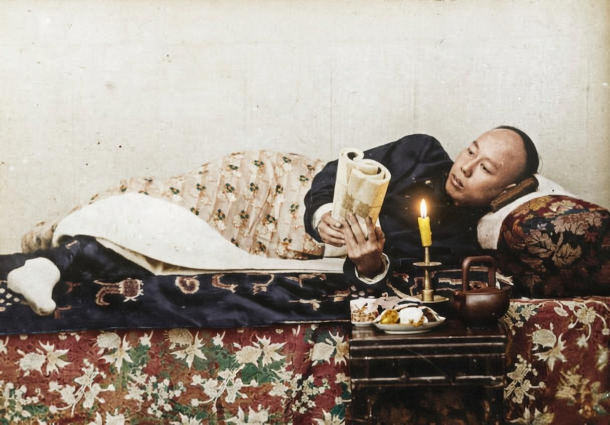晚清，一位年轻读书人在卧榻上秉烛读书，是那个时代“万般皆下品，惟有读书高”的生动