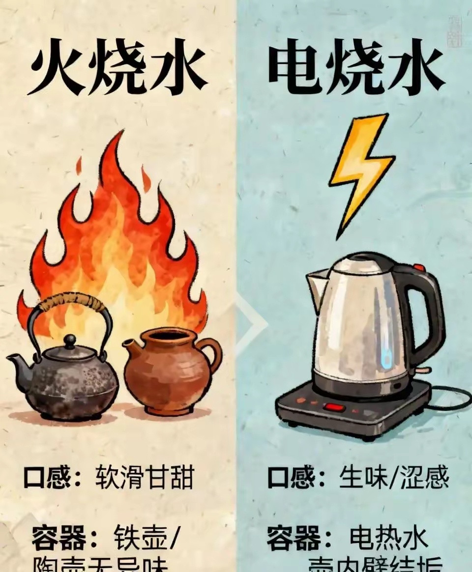 火烧开的水和电烧开的水，从化学本质看都是100℃的纯水，没啥分子差异，但日常使用