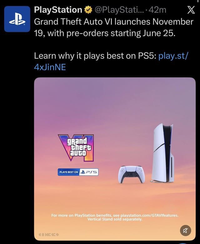 国外网友发现，PlayStation官推删掉了之前带光驱的PS5版《GTA6》宣
