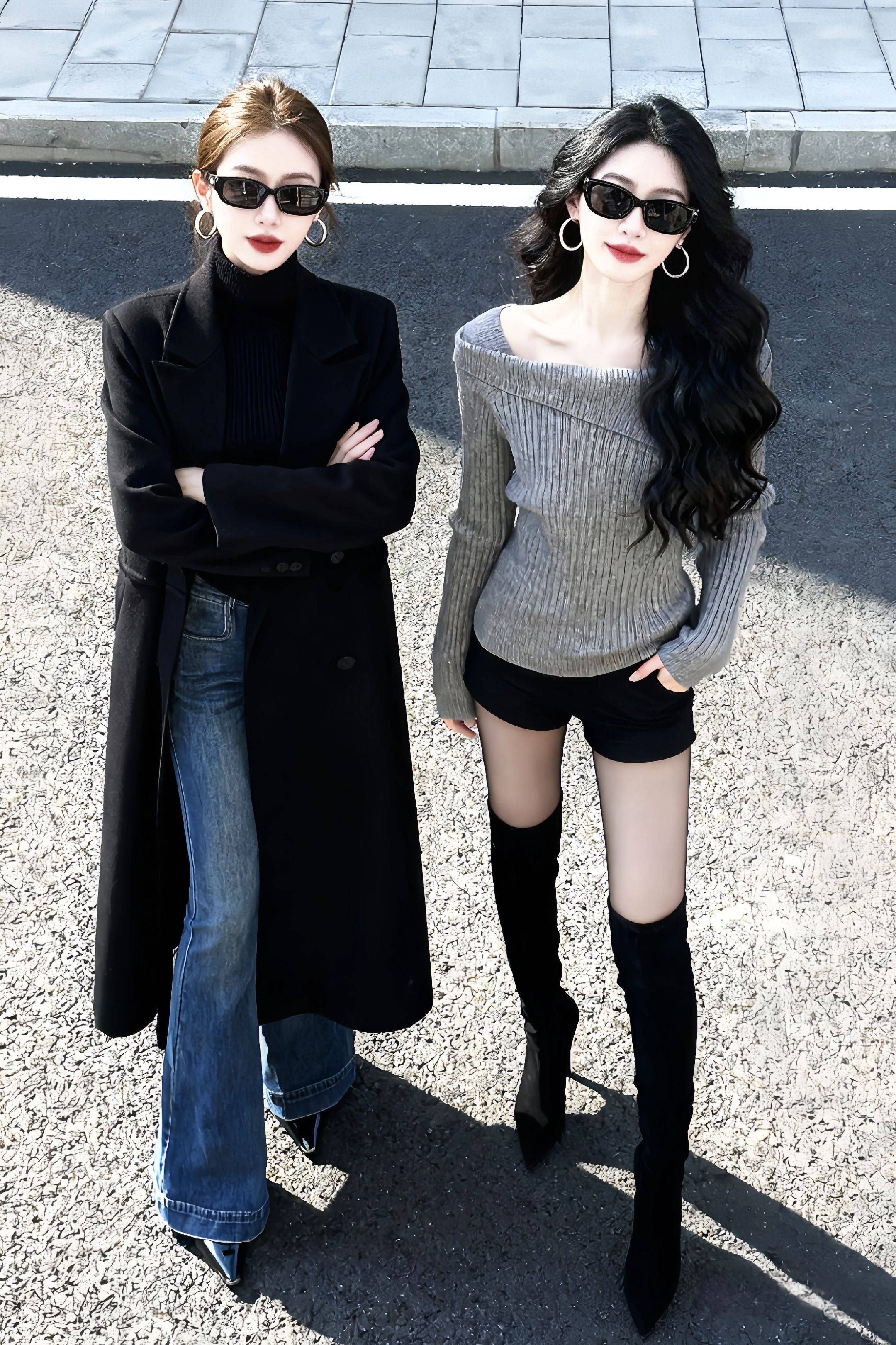 这两套初冬拽姐穿搭我直接锁死！左边黑大衣+微喇裤，气场拉满还遮肉；右边...