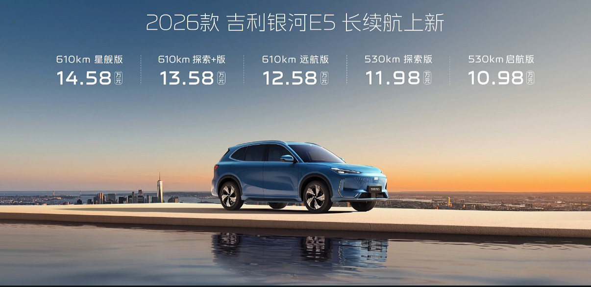 2026款吉利银河e5跟去年价格一样，10.98万元起。续航全系提升，真·加量