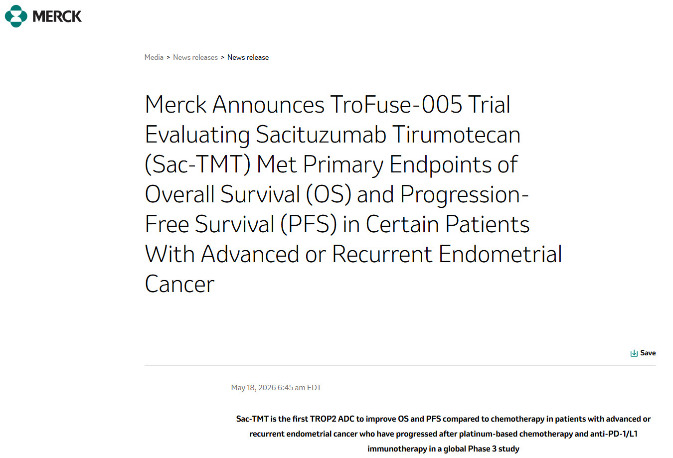 厉害了！默沙东拿到授权的新药sac-TMT子宫内膜癌III期临床实验结果很正面！