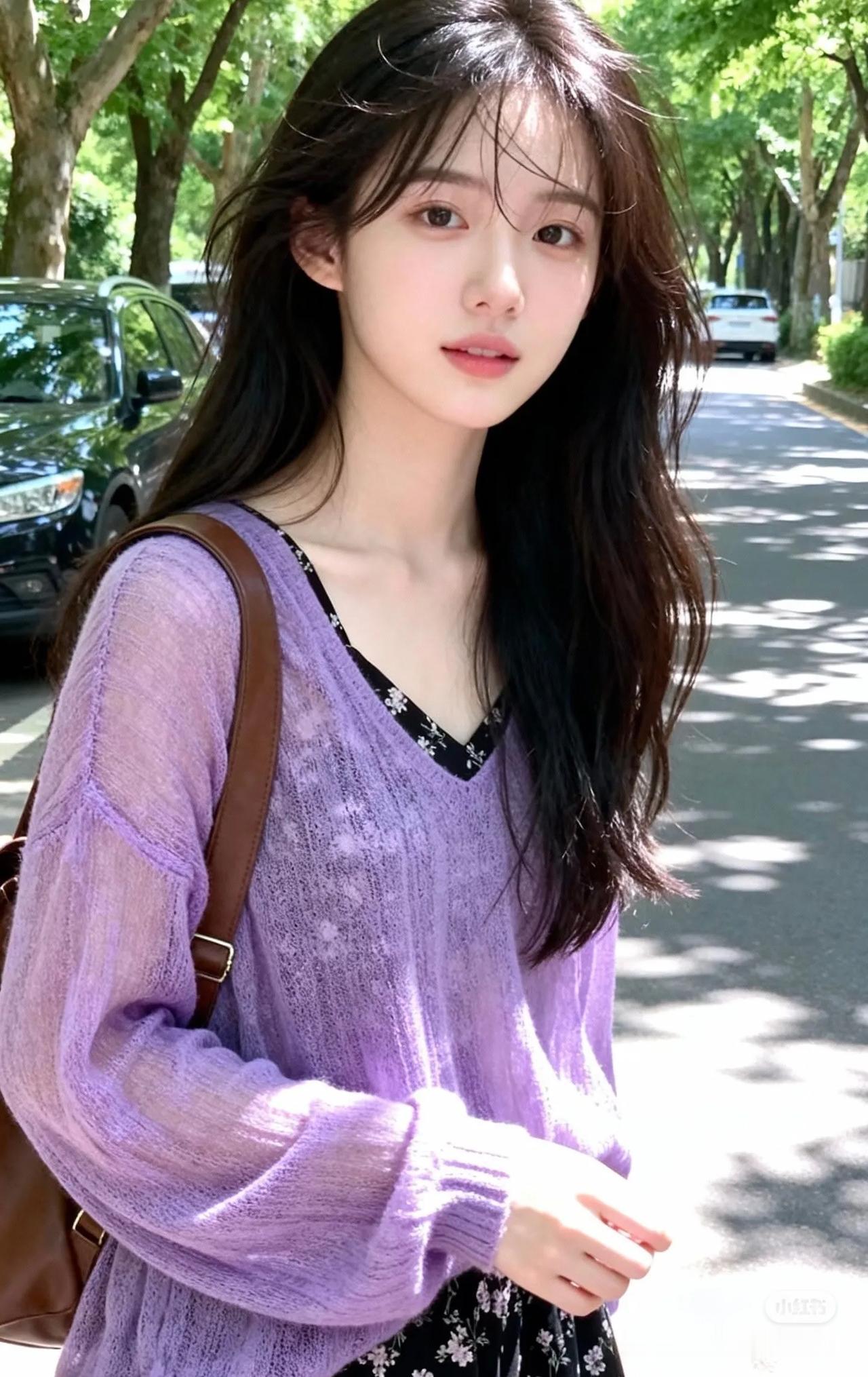 温柔紫调穿搭，漫步在绿荫小道，享受阳光的午后时光。街拍美丽乡村