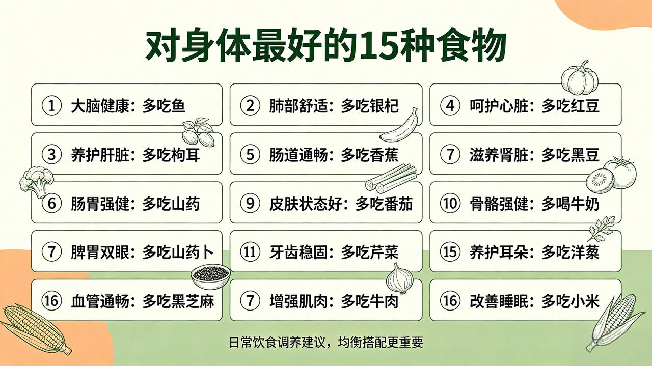 对身体最好的15种食物①想要大脑健康，日常多吃鱼②想要肺部舒适，常吃银耳③