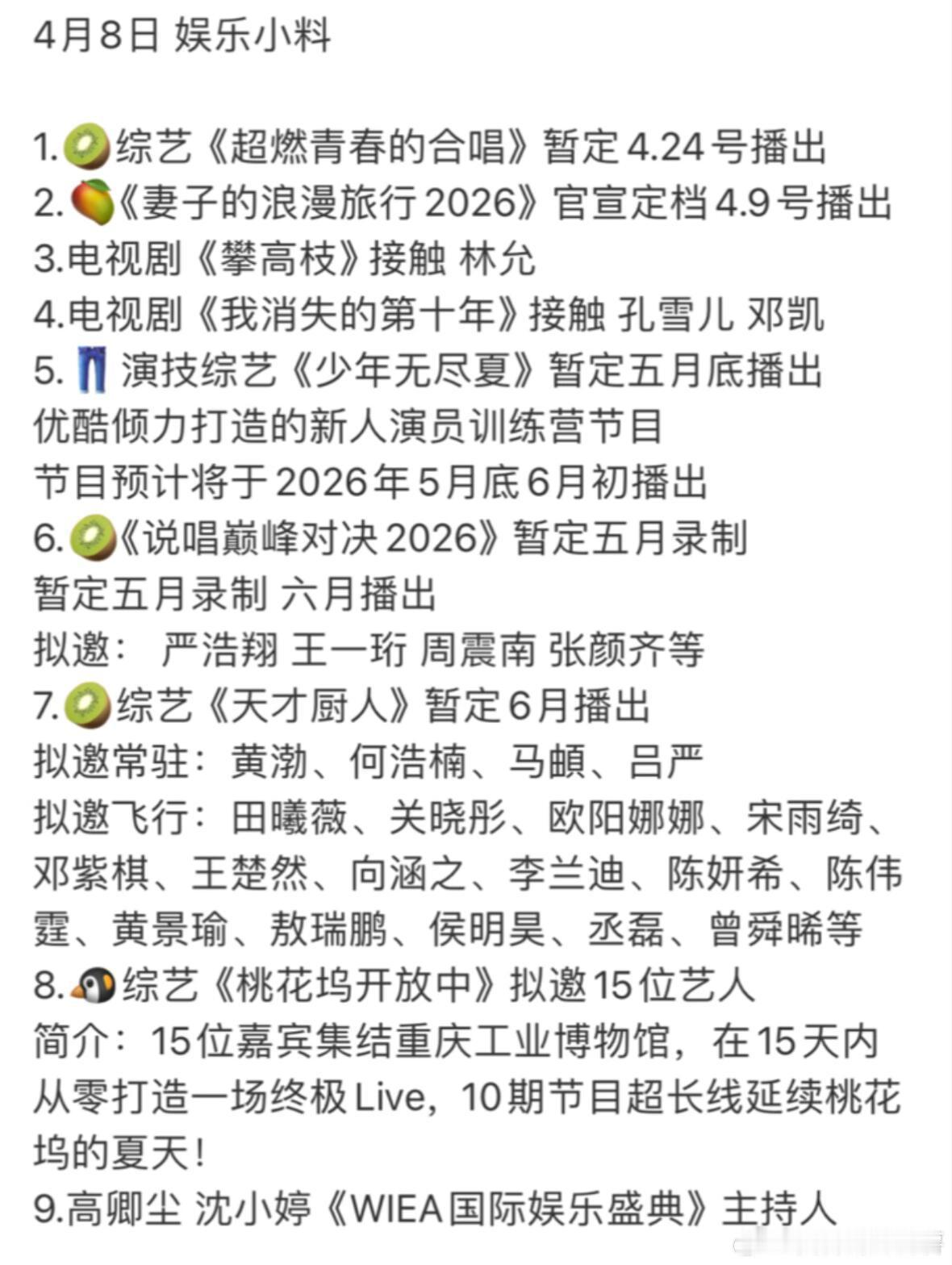 内娱综艺🍉4月8日娱乐小料1.🥝综艺《超燃青春的合唱》暂定4.24号播出2