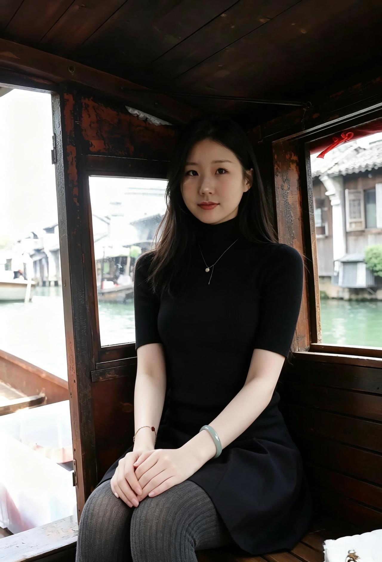 湖光摇影入船窗，静敛芳容意韵长。一袭黑衣添雅致，清辉漫过玉肌凉。