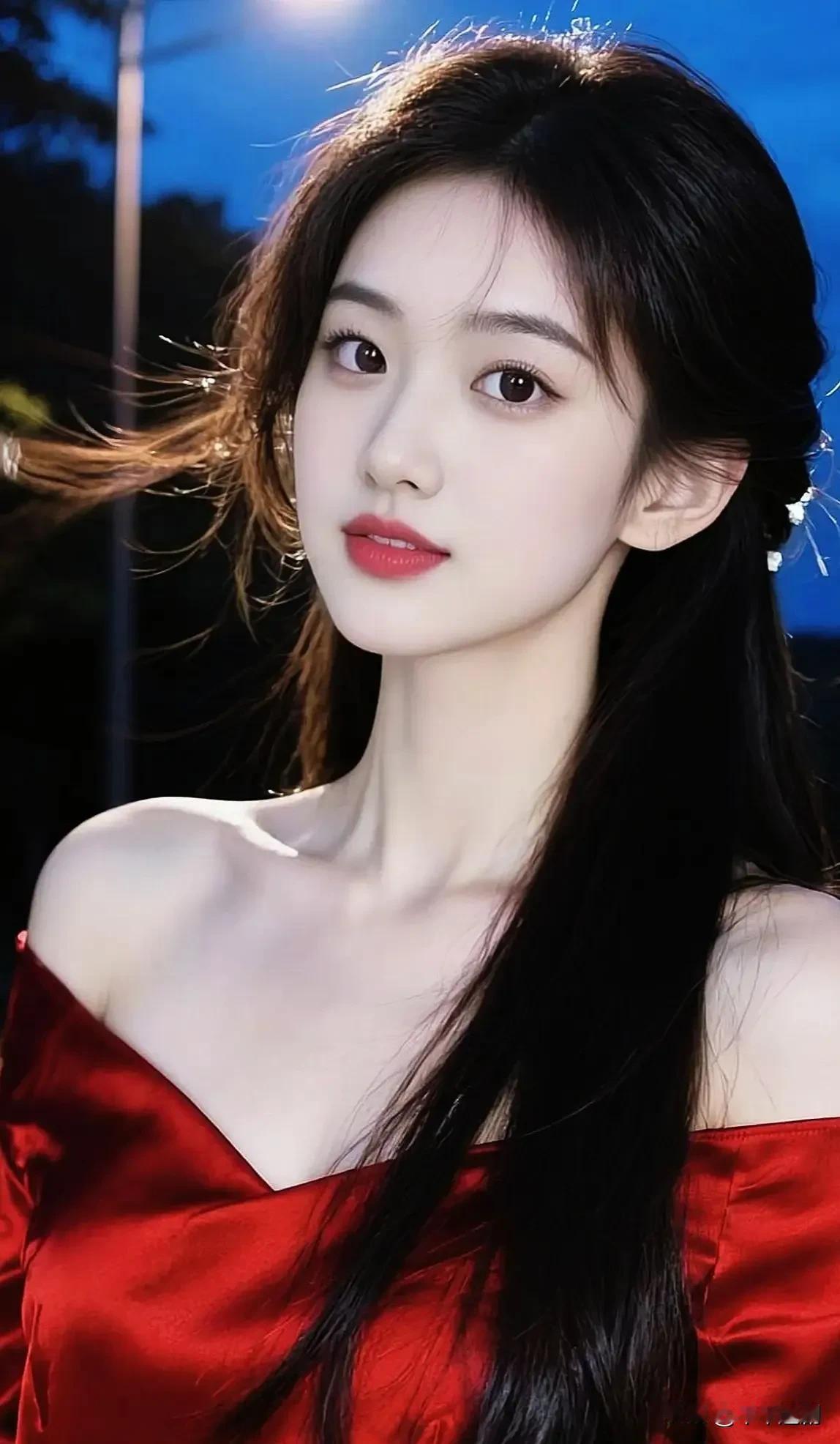 红裙裹着晚光的柔，发丝趁风扬起时，唇色浸了明艳的红，把夜的清冽烫出一痕甜。耳尖碎