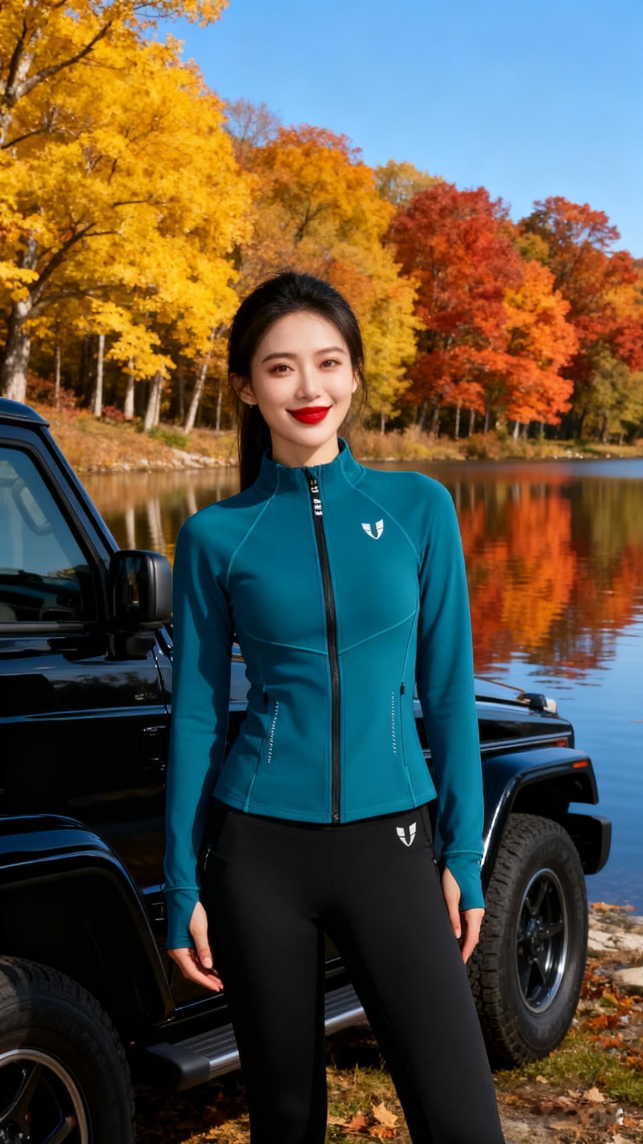 亚洲福相运动美女，着同款运动套，冷白皮配浓口红，绝美眼睛漾幸福微笑。秋日湖畔黑越