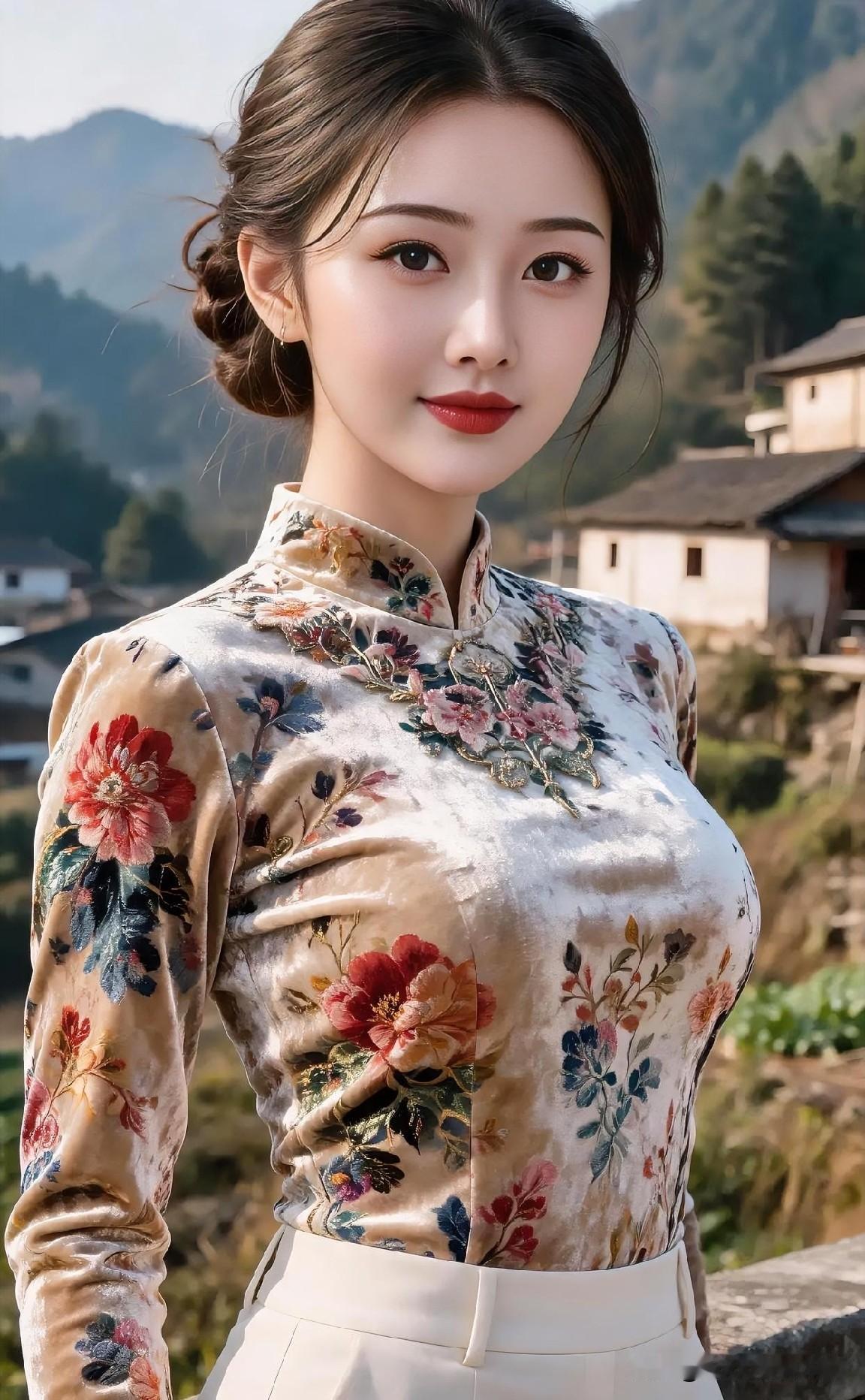 暖阳倾洒，复古花影温柔相拥。盘发雅致，笑靥如春风拂过黛瓦青山。一袭锦绣旗袍上衣，
