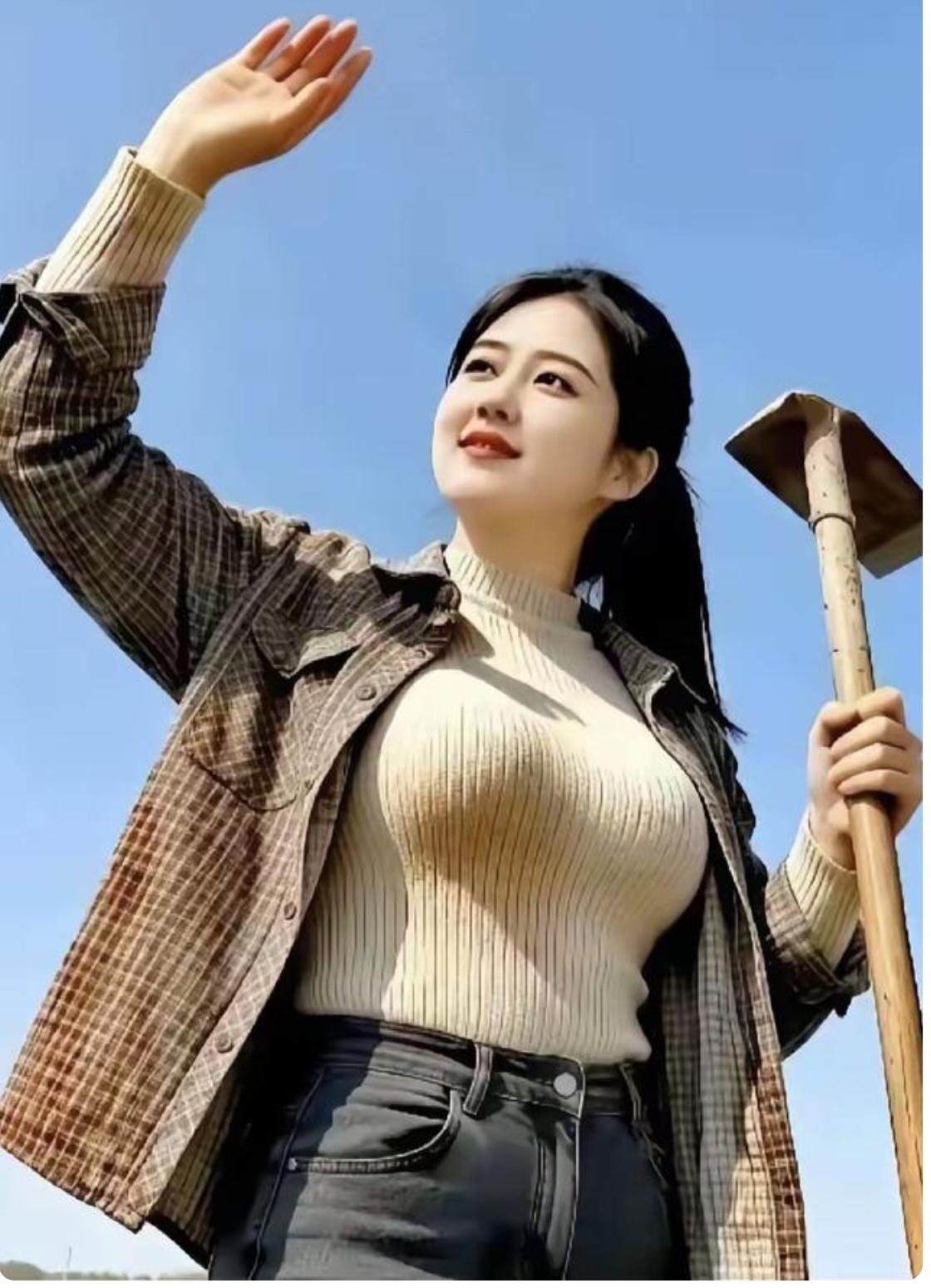 “德力西”牌镐头美女就是农村人；农活基本都会干；水田旱田种果树；捎带就把