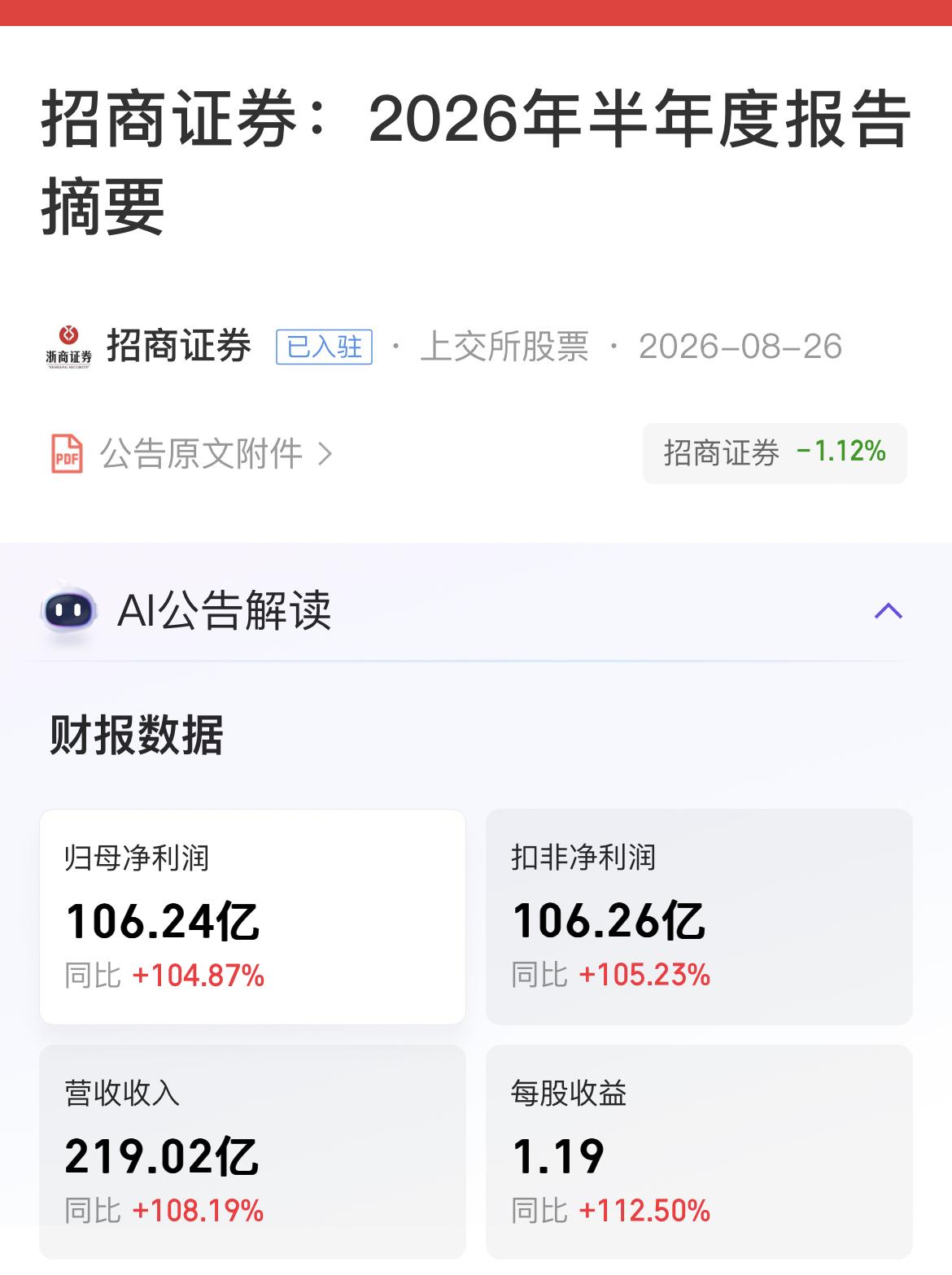 招商证券2026半年报点评：招商证券披露2026年半年报，上半年营收219.