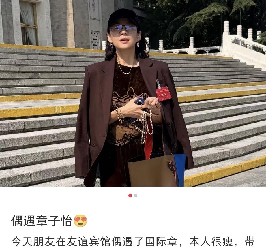 9月23日，章子怡在北京友谊宾馆门口被偶遇，她穿得很正式，像是开什么会，纯素颜脸